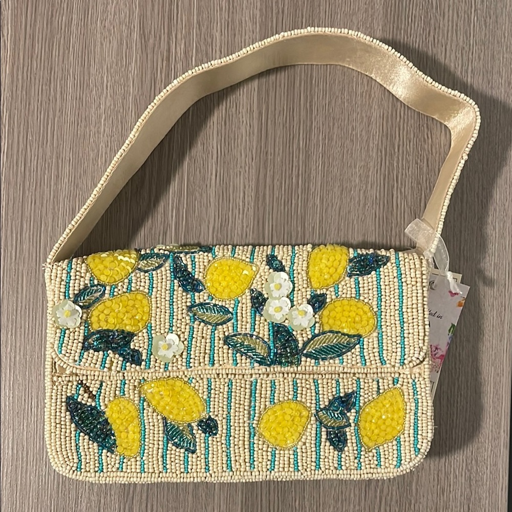 Beaded Floral Striped Lemon Pattern Shoulder Bag Made in India